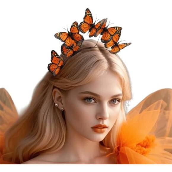 Butterfly Fascinator Headband | Vivid 3D Monarch Butterfly Crown for Halloween - Picture 1 of 5